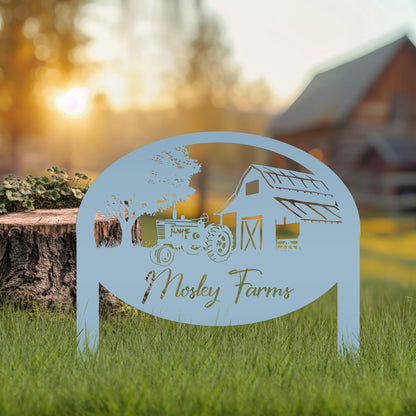 Metal Farm Sign Customizable with Rustic Tractor and Barn with Yard Stakes, Outdoor Personalized Family Name Lawn Decoration, Address Marker