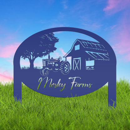 Metal Farm Sign Customizable with Rustic Tractor and Barn with Yard Stakes, Outdoor Personalized Family Name Lawn Decoration, Address Marker