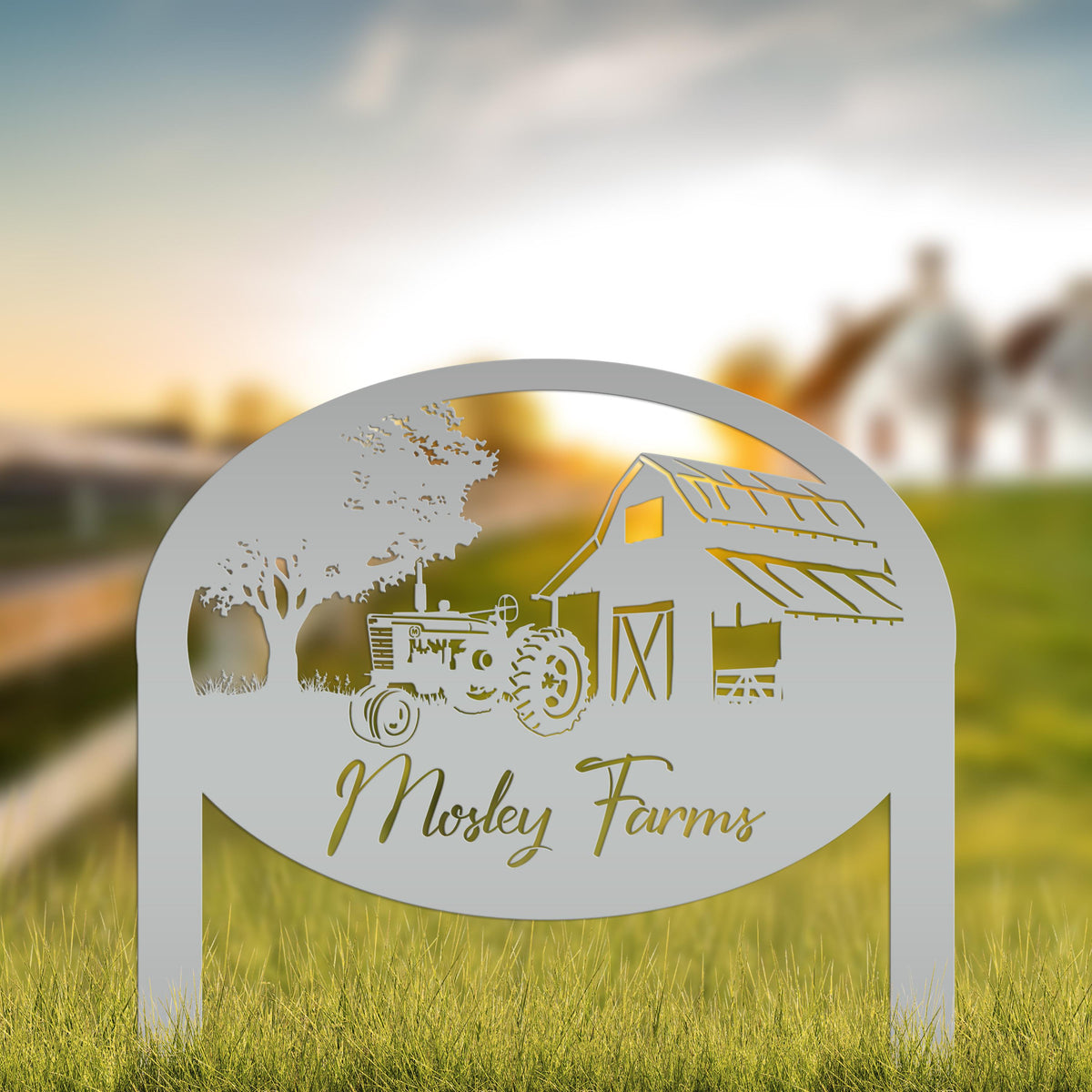 Metal Farm Sign Customizable with Rustic Tractor and Barn with Yard Stakes, Outdoor Personalized Family Name Lawn Decoration, Address Marker