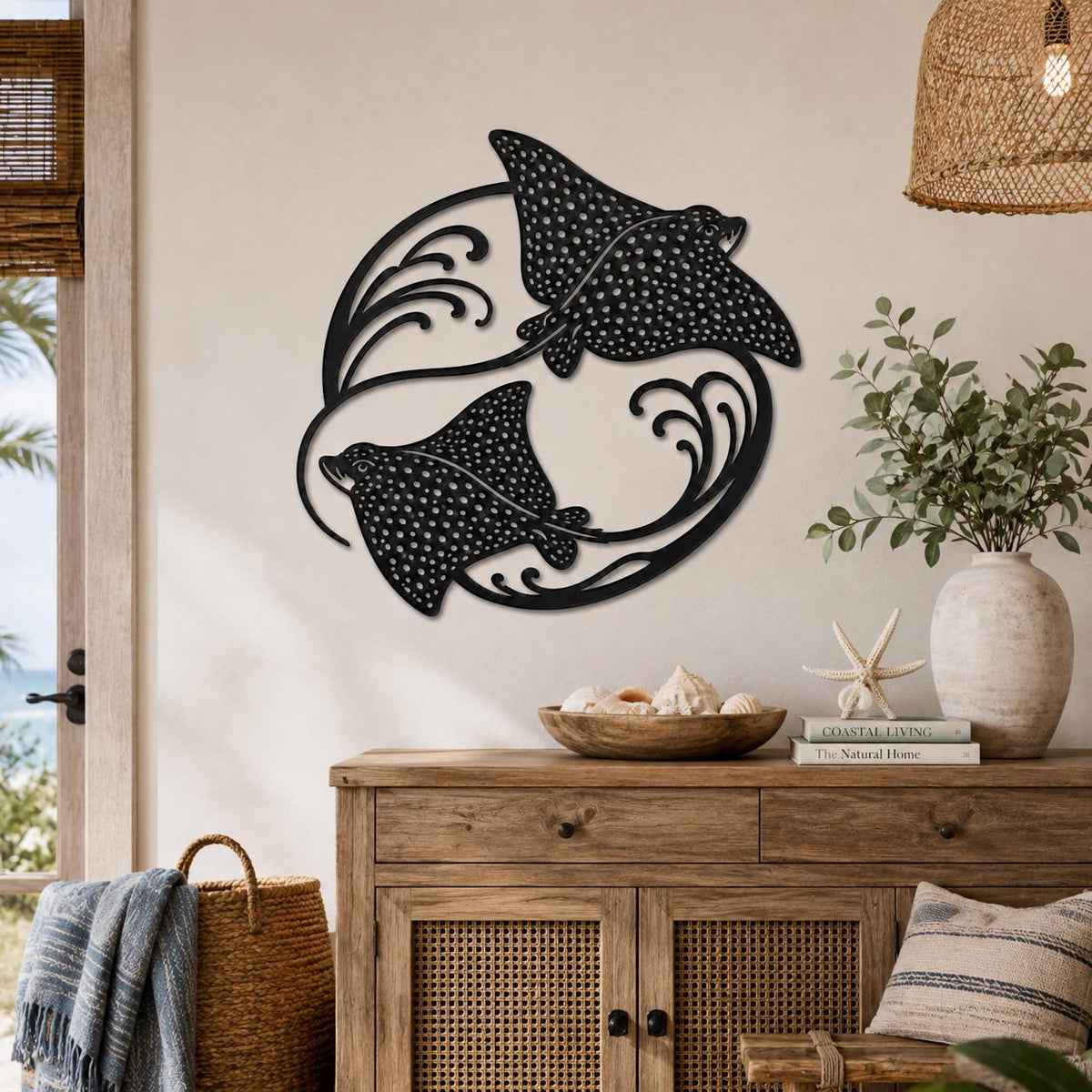 Manta Ray Metal Wall Decor, Round Ocean Wall Art With Seaweed For Living Room Bathroom Or Patio