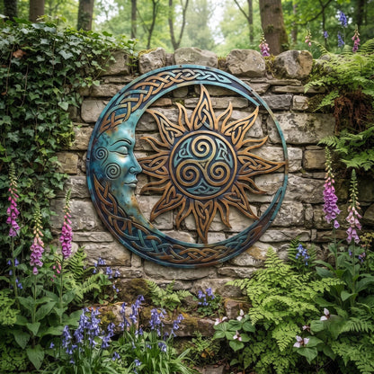 Celestial Sun and Moon Metal Wall Art, Celtic Garden Decor, Outdoor Wall Hanging