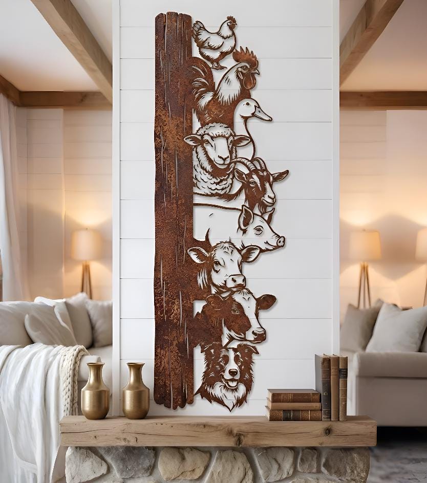 Peeking Farm Animals Metal Wall Art, Vertical Barnyard Wall Decor With Cow Goat Sheep Chicken Dog And Duck