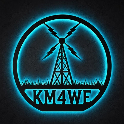 Personalized Ham Radio LED Metal Sign, Custom Call Sign Wall Art With Antenna Tower, Radio Room Decor Gift