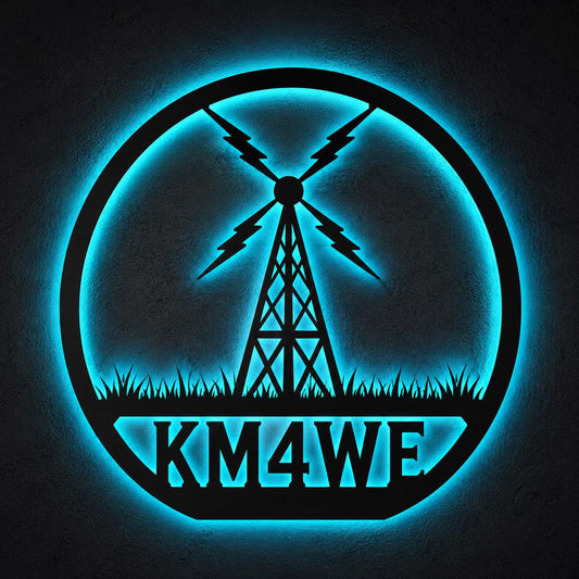 Personalized Ham Radio LED Metal Sign, Custom Call Sign Wall Art With Antenna Tower, Radio Room Decor Gift