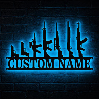 Personalized Gun Room Sign, LED Metal Wall Art with Custom Name for Man Cave or Workshop