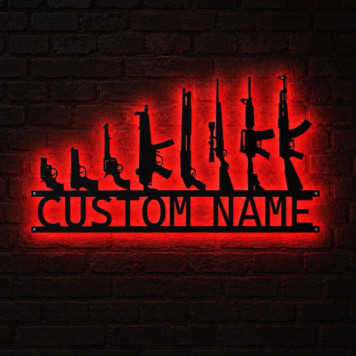 Custom Gun Room Metal Sign, Personalized Name LED Wall Decor, Rifle and Pistol Silhouette Art, Man Cave Shooting Decor