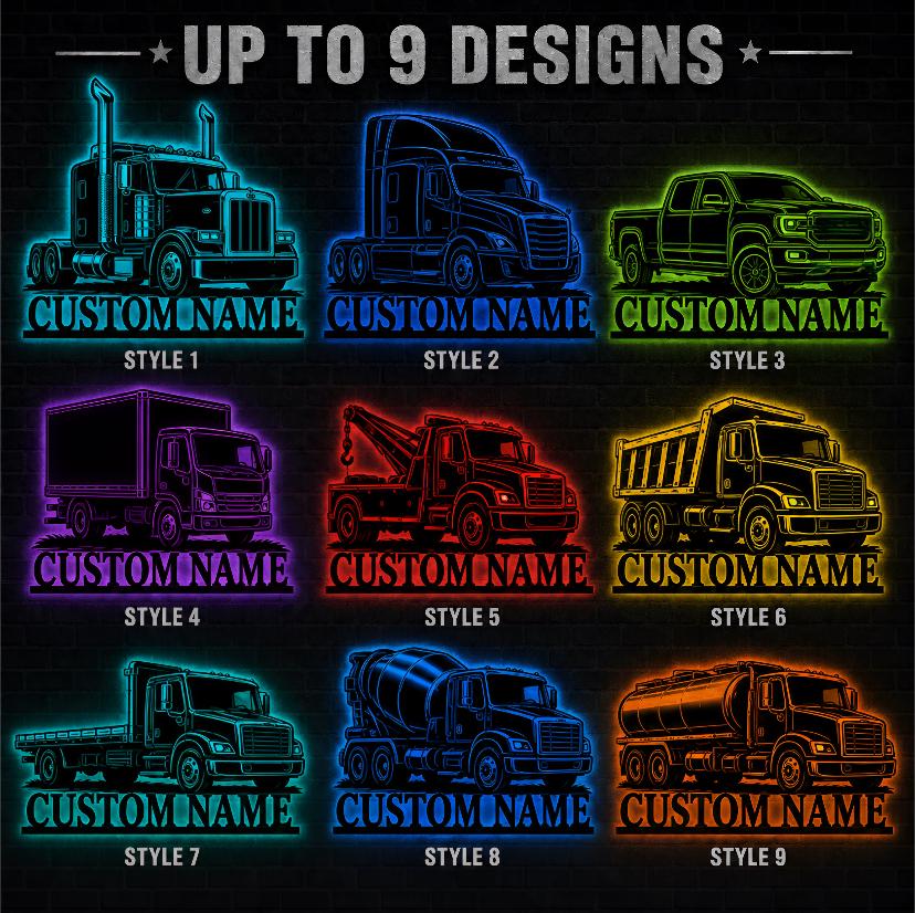 Custom Truck Driver Metal Wall Art, LED Backlit Vehicle Sign With Name, Garage Shop Man Cave Gift
