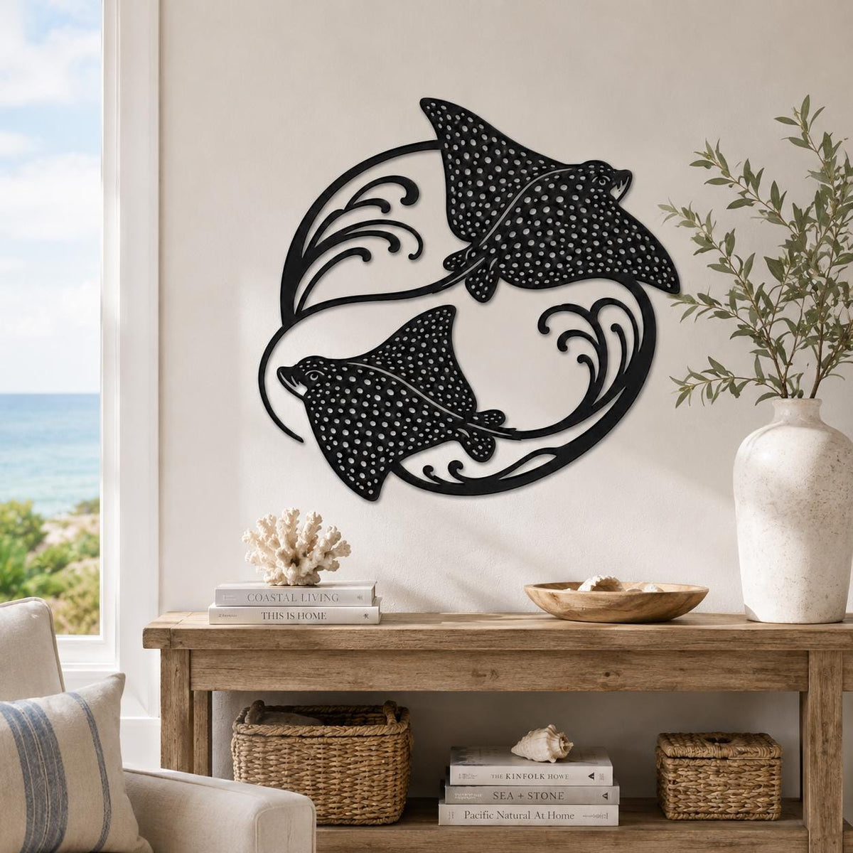 Manta Ray Metal Wall Decor, Round Ocean Wall Art With Seaweed For Living Room Bathroom Or Patio