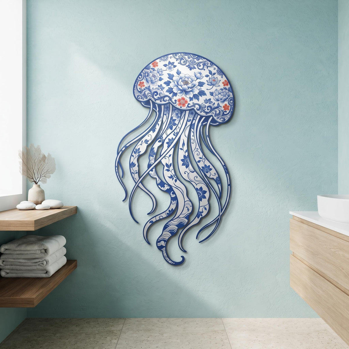 Jellyfish Metal Wall Art, Floral Ocean Decor, Coastal Beach House Wall Decor