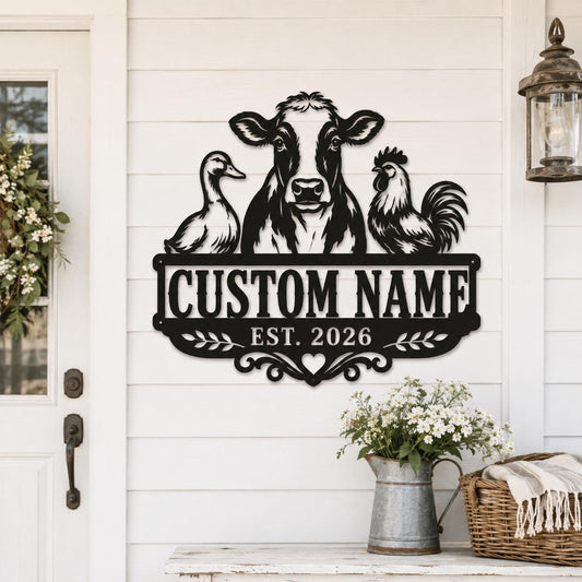 Family Farm Metal Sign, Personalized Cow Duck Rooster Decor, Custom Name and Established Year, Rustic Farmhouse