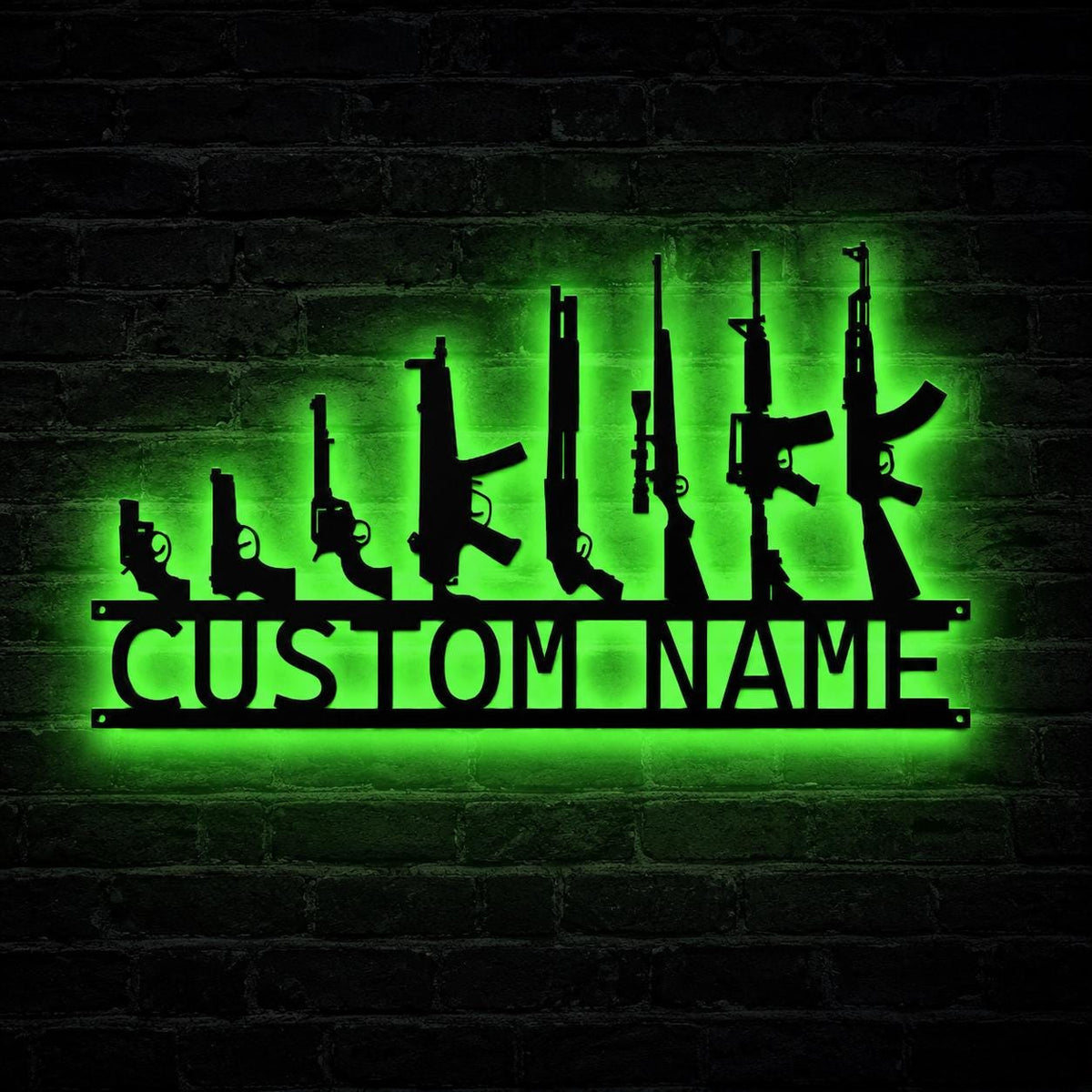 Custom Gun Room Metal Sign, Personalized Name LED Wall Decor, Rifle and Pistol Silhouette Art, Man Cave Shooting Decor
