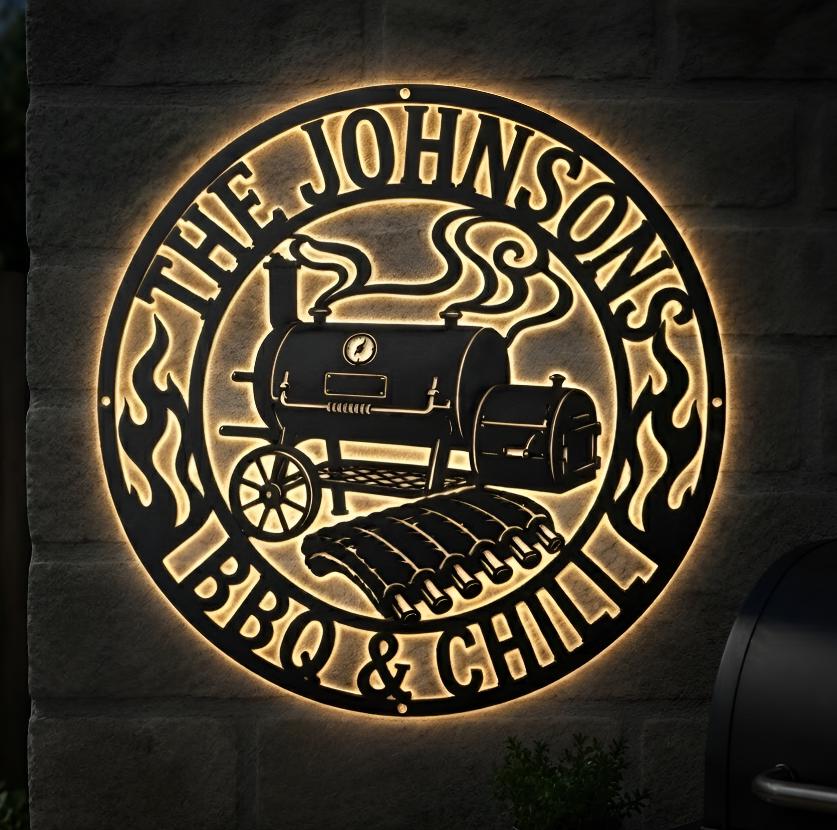 Personalized BBQ LED Metal Sign, Custom Family Name Grill Decor, Backlit Smoker Wall Art, Outdoor Kitchen Sign, Grill Master Gift