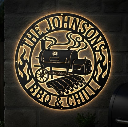 Personalized BBQ LED Metal Sign, Custom Family Name Grill Decor, Backlit Smoker Wall Art, Outdoor Kitchen Sign, Grill Master Gift