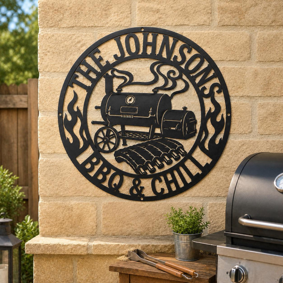 Personalized BBQ LED Metal Sign, Custom Family Name Grill Decor, Backlit Smoker Wall Art, Outdoor Kitchen Sign, Grill Master Gift