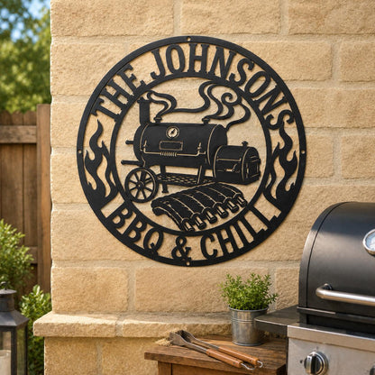 Personalized BBQ LED Metal Sign, Custom Family Name Grill Decor, Backlit Smoker Wall Art, Outdoor Kitchen Sign, Grill Master Gift