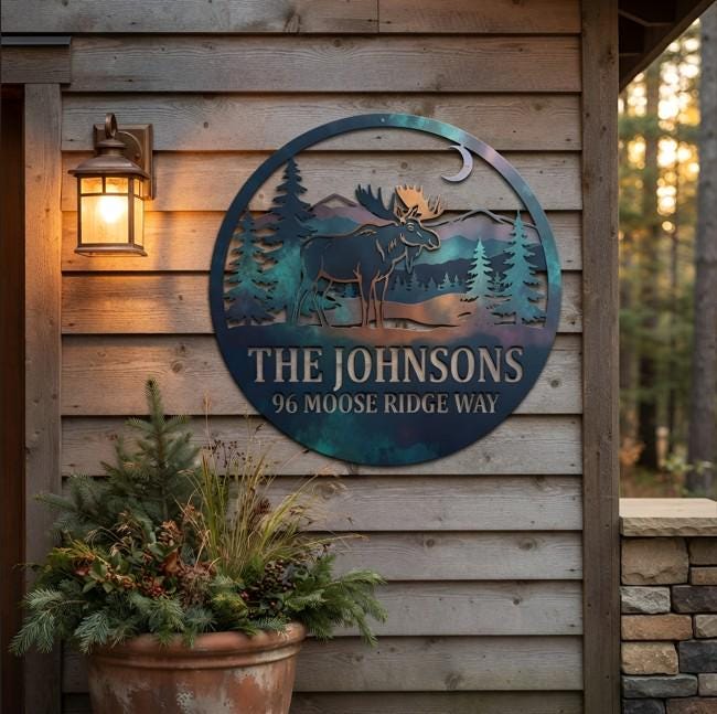 Personalized Moose Address Sign, Custom Metal House Sign, Moose Cabin Decor - Mountain Address Plaque, Rustic Lodge Decor, Housewarming Gift