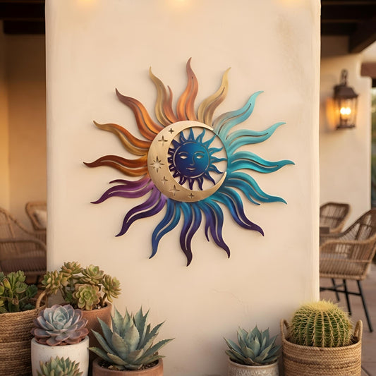 Sun Moon Metal Wall Art - Celestial Wall Decor - Boho Metal Sign - Outdoor Patio Decor, Celestial Art, Hippie Home Decor