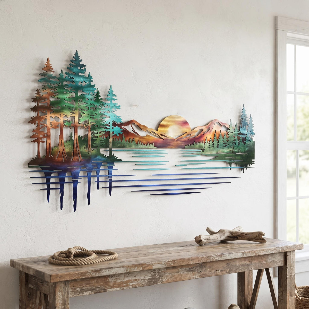 Mountain Metal Wall Art, Pine Forest Lake Decor, Rustic Cabin Wall Decoration