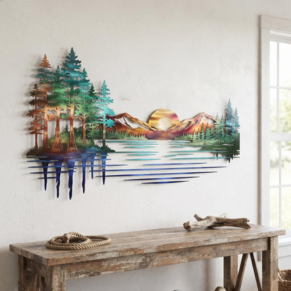 Mountain Metal Wall Art, Pine Forest Lake Decor, Rustic Cabin Wall Decoration