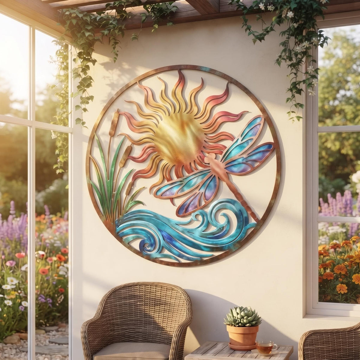 Dragonfly Wall Decor, Sun Metal Art, Outdoor Garden and Patio Decoration