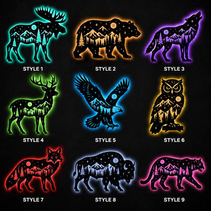 Wildlife Forest LED Wall Decor, Metal Animal Silhouette Art, Moose Deer Bear Wolf Owl Eagle Fox Elk, Outdoor Lover Gift