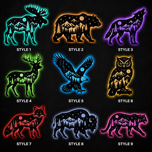 Wildlife Forest LED Wall Decor, Metal Animal Silhouette Art, Moose Deer Bear Wolf Owl Eagle Fox Elk, Outdoor Lover Gift
