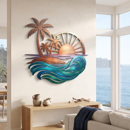 Ocean Wave Metal Art, Tropical Sunset Wall Decor, Beach Lover Gift