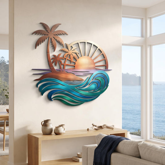 Ocean Wave Metal Art, Tropical Sunset Wall Decor, Beach Lover Gift