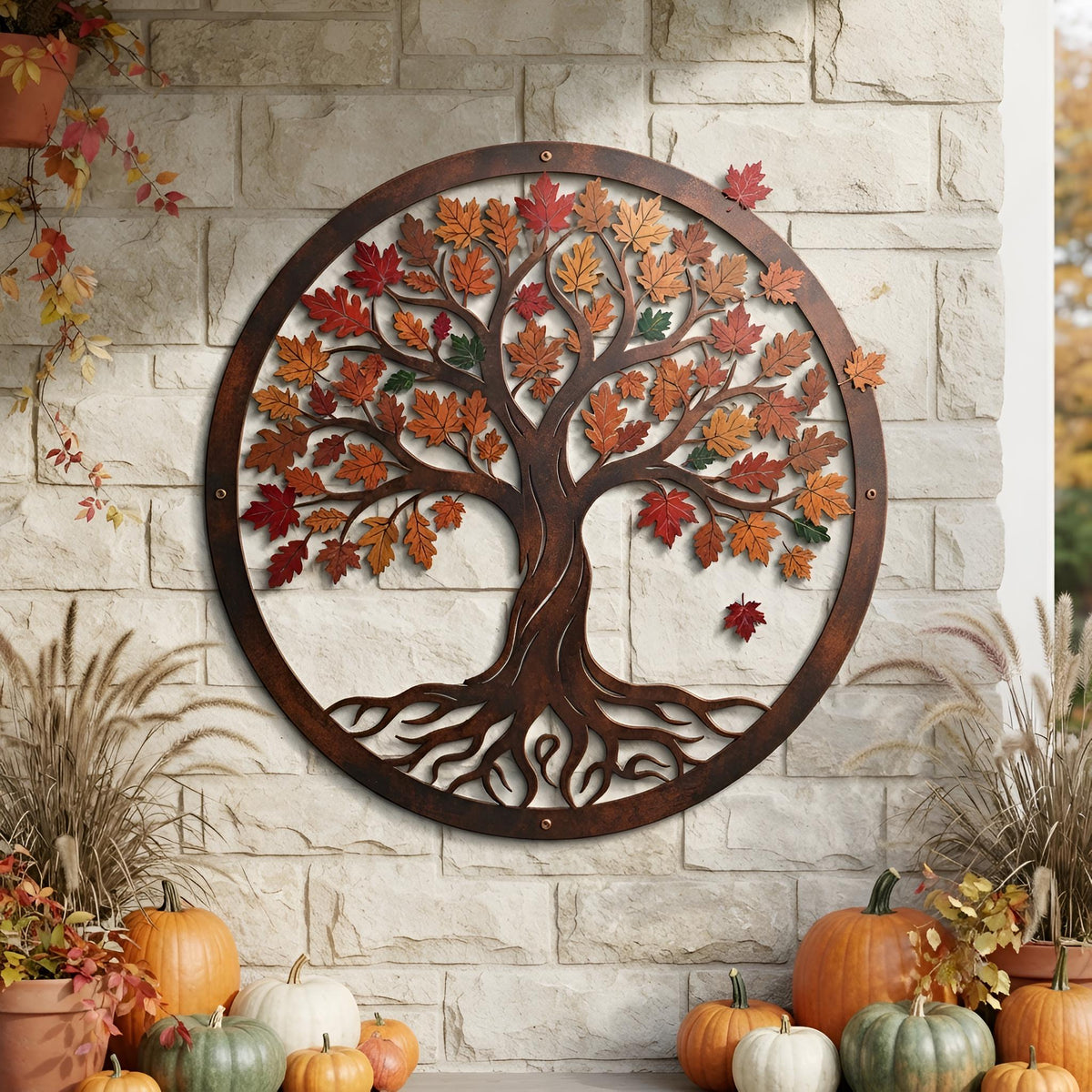 Autumn Tree Metal Wall Art - Tree of Life Decor - Fall Outdoor Decor - Rustic Metal Sign, Porch Wall Art, Thanksgiving Decor