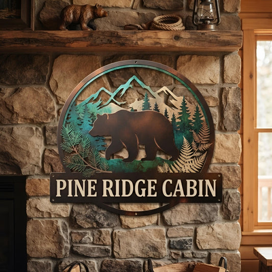 Bear Metal Wall Art - Personalized Cabin Sign - Mountain Bear Decor - Rustic Lodge Sign, Custom Name Sign, Woodland Wall Art