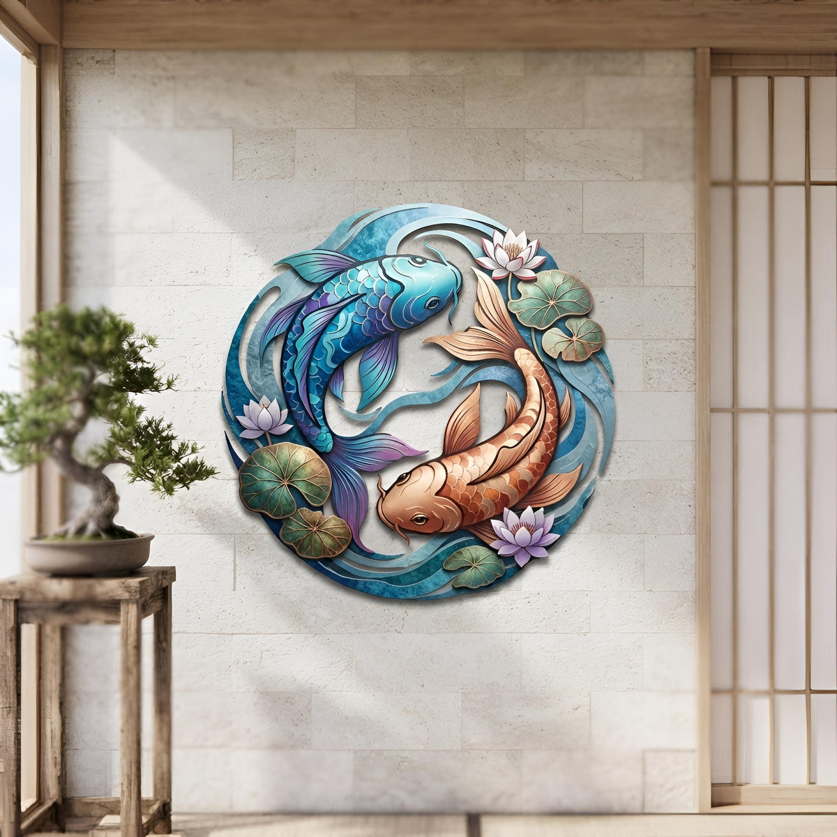 Koi Fish Metal Wall Art, Yin Yang Koi Decor, Japanese Lotus Flower Wall Art
