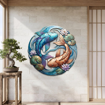 Koi Fish Metal Wall Art, Yin Yang Koi Decor, Japanese Lotus Flower Wall Art