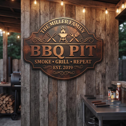 Custom BBQ Metal Sign, Personalized Grill Decor, Backyard Outdoor Kitchen Sign