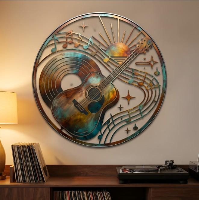 Guitar Metal Wall Art - Music Notes Wall Decor - Vinyl Record Sign - Music Room Decor, Music Lover Gift, Guitar Player Gift