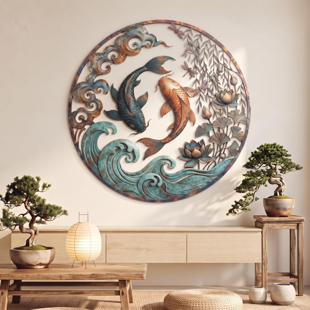 Koi Fish Metal Wall Art - Japanese Wall Decor - Yin Yang Koi Fish Decor - Lotus Flower Art, Asian Home Decor, Zen Wall Art