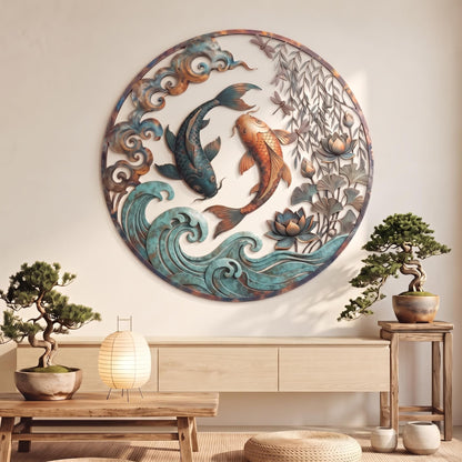 Koi Fish Metal Wall Art - Japanese Wall Decor - Yin Yang Koi Fish Decor - Lotus Flower Art, Asian Home Decor, Zen Wall Art