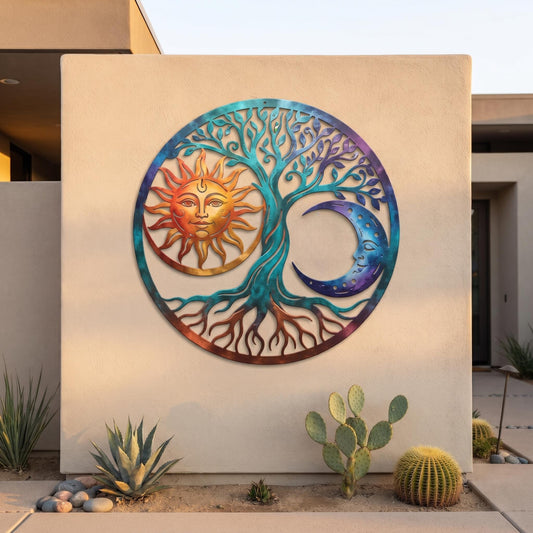 Sun Moon Tree Metal Wall Art - Tree of Life Decor - Celestial Wall Decor - Outdoor Metal Art, Boho Garden Decor, Spiritual Gift