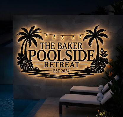 Personalized Backyard Pool Sign, Custom Name LED Metal Wall Art, Tropical Palm Tree Decor, Poolside Patio Housewarming Gift