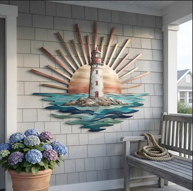 Lighthouse Metal Wall Art, Coastal Beach House Decor, Nautical Ocean Wall Hanging