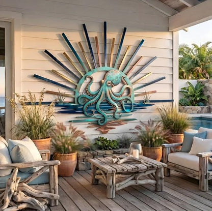 Octopus Metal Wall Art, Coastal Beach House Decor, Nautical Ocean Wall Hanging