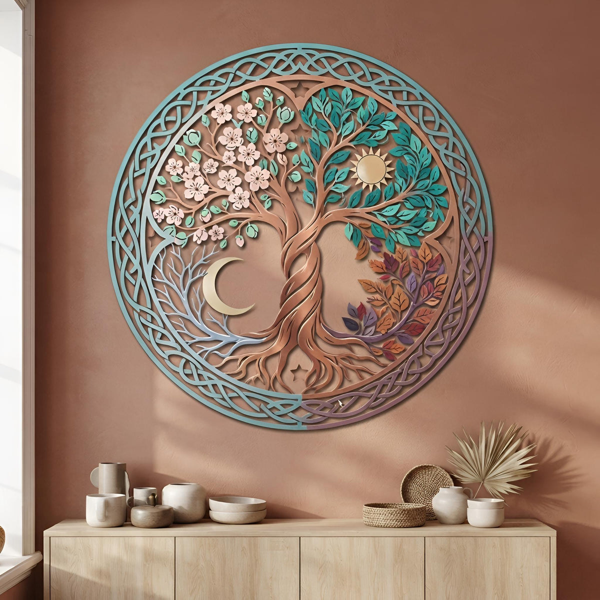 Four Seasons Tree Wall Art, Celtic Tree of Life, Sun Moon Metal Wall Decor