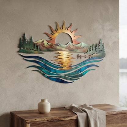 Mountain Lake Metal Wall Art, Sunset Nature Decor, Rustic Lake House Decoration