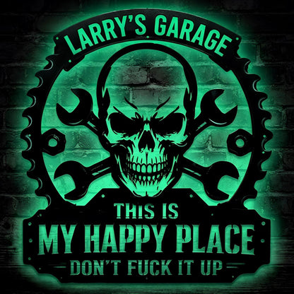 Custom Garage Metal Sign, Personalized LED Mechanic Decor, Skull and Wrench Wall Art, Workshop Man Cave Sign, Mechanic Gift