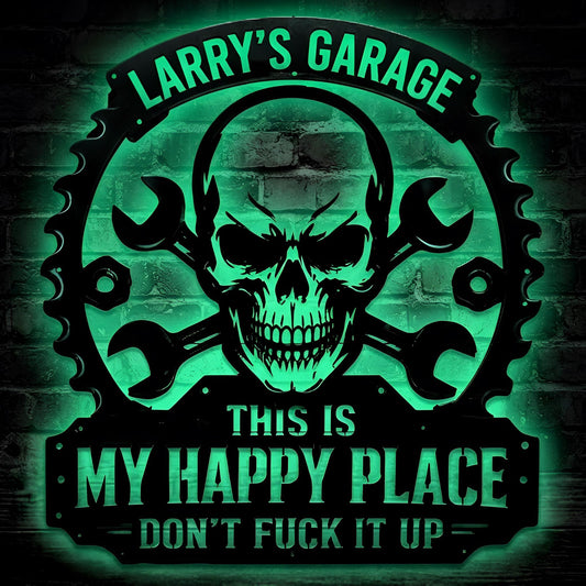 Custom Garage Metal Sign, Personalized LED Mechanic Decor, Skull and Wrench Wall Art, Workshop Man Cave Sign, Mechanic Gift