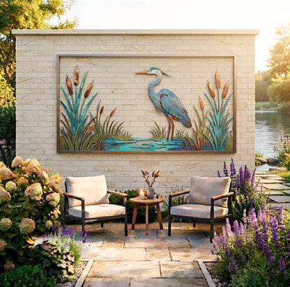 Heron Metal Wall Art - Blue Heron Garden Decor - Outdoor Metal Sign - Pond Wall Art, Lake House Decor, Coastal Bird Art