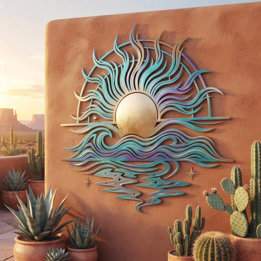 Coastal Metal Wall Art - Sun and Waves Decor - Beach House Wall Art - Ocean Wall Decor, Nautical Decor, Outdoor Wall Art