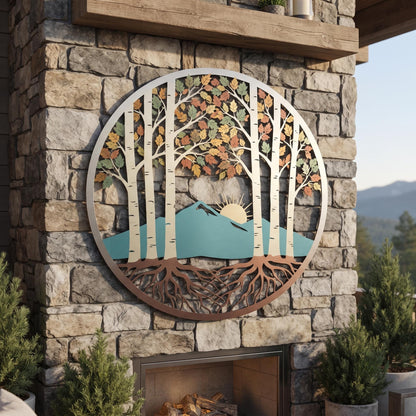 Mountain Metal Wall Art - Birch Tree Forest Decor - Rustic Cabin Sign - Woodland Decor, Nature Wall Art, Lodge Home Decor