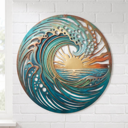 Ocean Wave Metal Wall Art, Coastal Beach Decor, Sun and Sea Wall Art