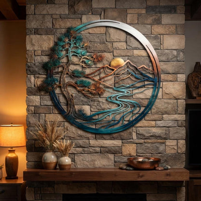 Mountain Metal Wall Art, Pine Tree Landscape Decor, Rustic Cabin Wall Art