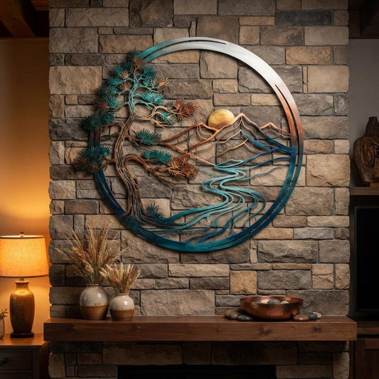 Mountain Metal Wall Art, Pine Tree Landscape Decor, Rustic Cabin Wall Art
